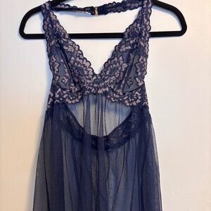 Victoria Secret Sleepwear Navy with Pink Lace Appliqué Halter Sz Medium